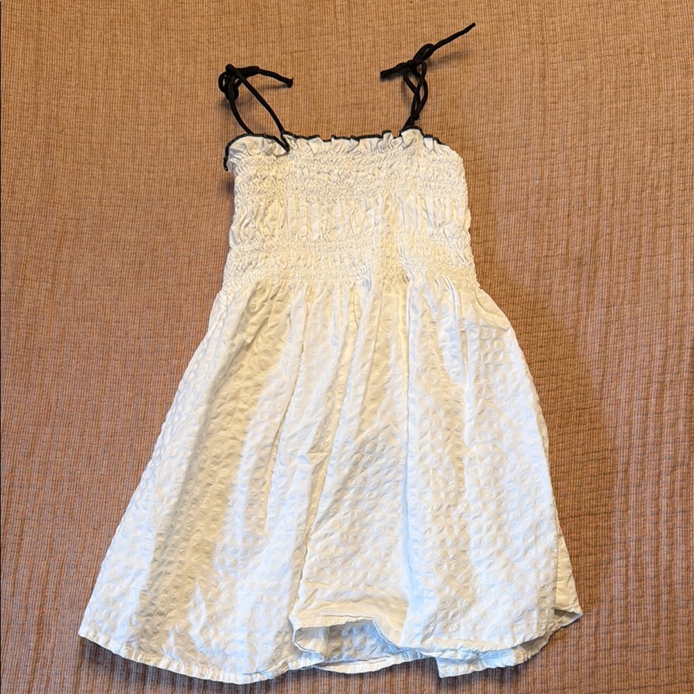 Girls White Cotton Sundress with Black Tie Straps